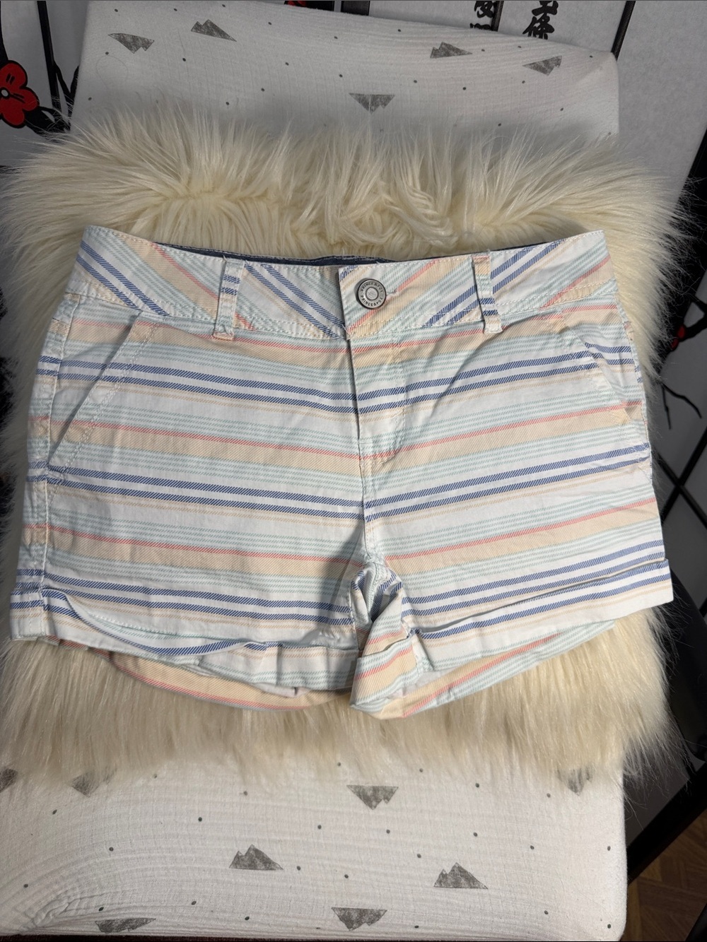 Aeropostale Striped Pastel Jean Shorts - White, Blue & Pink